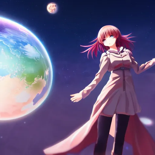 Image similar to An anime girl floating in space holding and terraforming a planet on her hands, wide-shot, high detail, 4k, digital art, artstation, 8k, very detailed