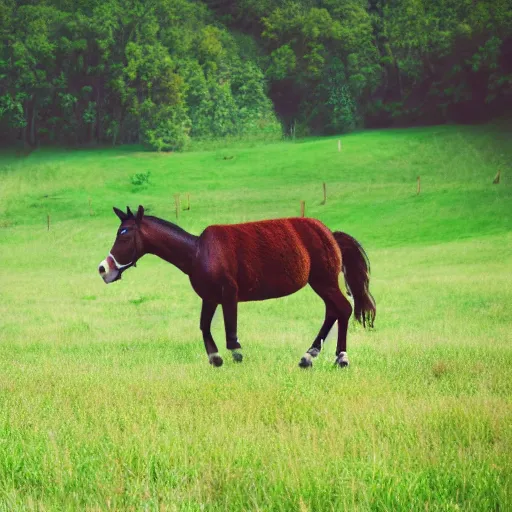 Image similar to a photo of a centaur walking alone in a green field with nice bright weather