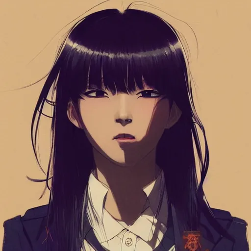 Image similar to portrait of a korean schoolgirl with long hair and bangs, angular features, an angry expression, dramatic lighting, anime illustration by Greg rutkowski, yoji shinkawa, 4k, digital art, concept art, trending on artstation, アニメ, featured on pixiv