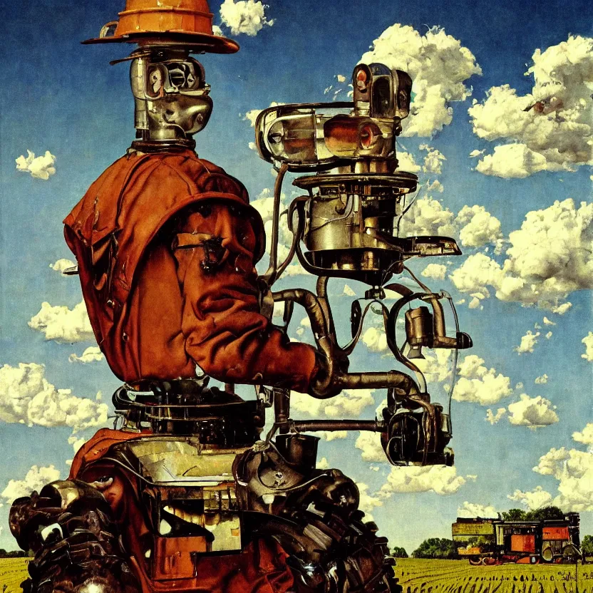 Image similar to portrait painting of a farmer robot made of chrome in front of rolling cornfields and beautiful clouds, painted by norman rockwell. pulp sci - fi art for omni magazine. high contrast. dark background. baroque period, oil on canvas. renaissance masterpiece. trending on artstation. retrofuturism.