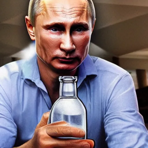 Image similar to Vladimir Putin holding a giant vodka bottle, detailed face, realistic face, photorealistic, highly detailed, cinematic