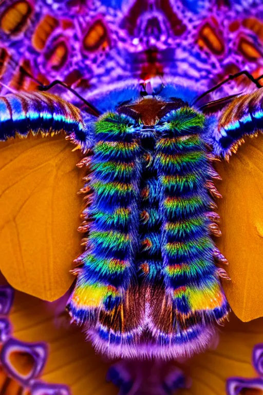 Image similar to high quality close-up photo art deco puss moth caterpillar! gorgeous highly detailed hannah yata elson peter cinematic blue lighting high quality low angle hd 8k sharp shallow depth of field
