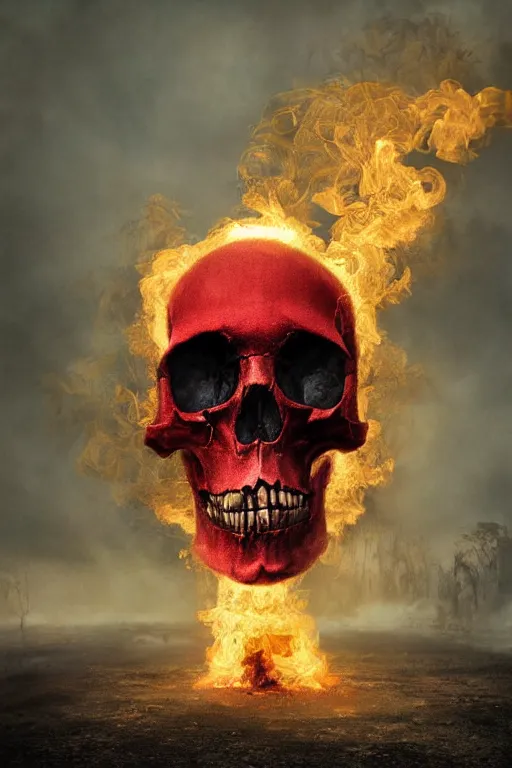 Image similar to immaculate painting of A Beautiful fine detailed gold and red and black huge skull floating in smoke over desolated wastelands, an iIlusion by erik johansson micro detailing