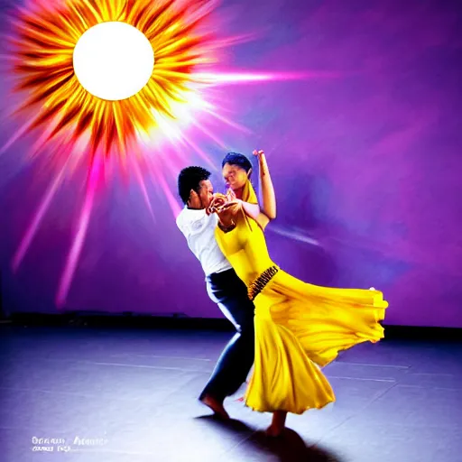 Prompt: semi realistic portrait of The sun is exploding while Latino Cubans Dancers Salsa Dancing by Stanley Artgerm Lau, sun exploding on the background, Gesture draw, Salsa Social Dance, couple, lady using yellow dress, guy using the purple fancy suit, Salsa tricks, explosive background, WLOP, Rossdraws, Gesture draw, James Jean, Andrei Riabovitchev, Marc Simonetti, and Sakimichan, trending on artstation