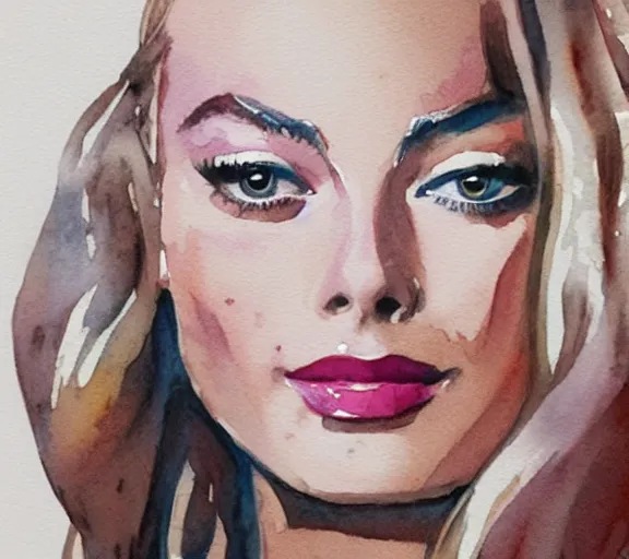 Image similar to A watercolor painting of margot robbie, trending on artstation