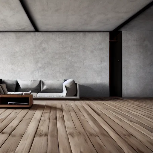 Image similar to hyper realistic one point perspective of living room, wood, concrete, brick