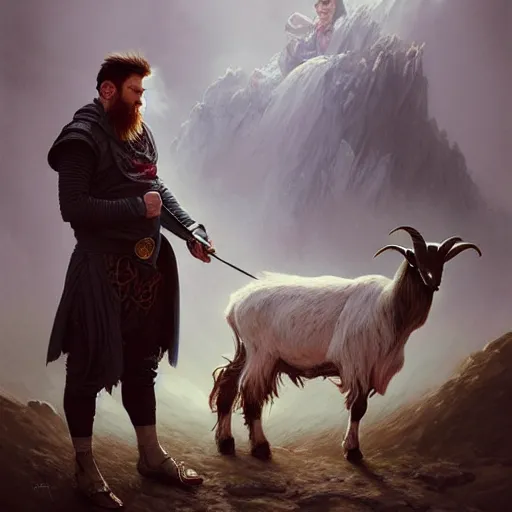 Image similar to Lionel Messi standing beside a goat, D&D, fantasy, intricate, elegant, highly detailed, digital painting, artstation, concept art, matte, sharp focus, illustration, art by Artgerm and Greg Rutkowski and Alphonse Mucha