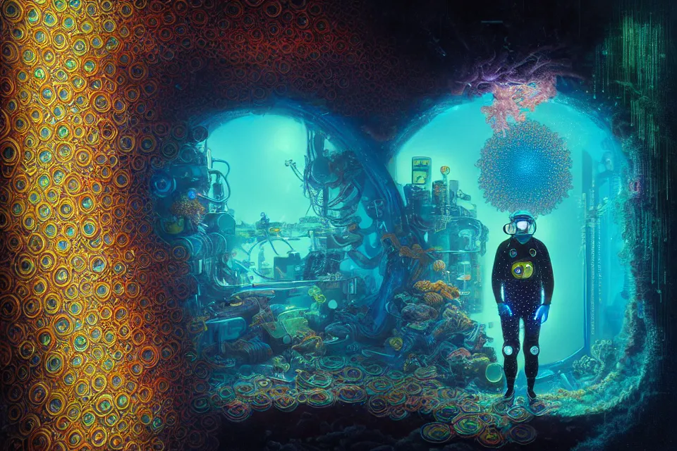 Prompt: detailed portrait of a cyberpunk scuba diver inside a dmt portal, cinematic lighting, corals, 8 k high resolution, by james r eads and tomasz alen kopera