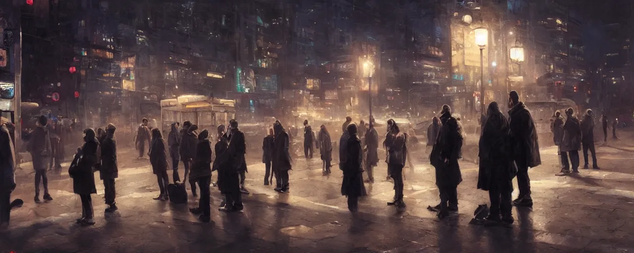 Image similar to some people waiting at the bus stop in the dark city night. most epic dramatic scene. epic cinematic hyperrealism masterpiece. realistic poster with shaded lighting by craig mallismo, artgerm, jeremy lipkin and michael garmash, unreal engine, radiant light, detailed and complex environment, digital art, art station trends