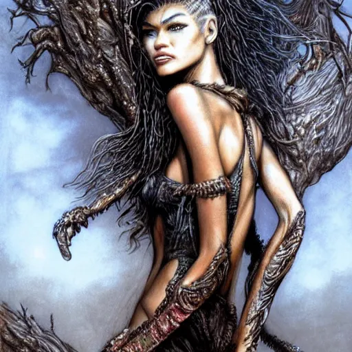 Image similar to Zendaya as Lilith, first bride of Adam, deceiver of man, highly detailed, digital painting, artstation, concept art, smooth, sharp focus, illustration, art by luis royo, in the style of Luis Royo, Heavy Metal 93-03 , Kevin Eastman, and Simon Bisley