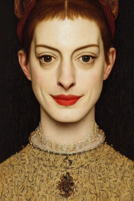 Prompt: stunning portrait of anne hathaway, oil painting by jan van eyck, northern renaissance style, oil on canvas, wet - on - wet technique, realistic, expressive emotions, detailed textures, illusionistic detail