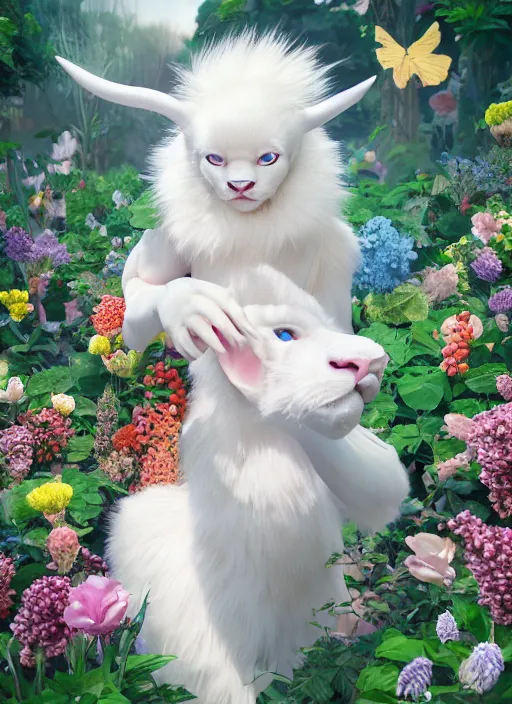 Prompt: portrait of beautiful male albino white furry panther with long turquoise fur, small horns, cute big mint eyes, and a blue dress, in a garden full of flowers and butterflies, genshin impact, realistic anime, backlit, strong rim light, sharp focus, octane render, trending on artstation, 8 k