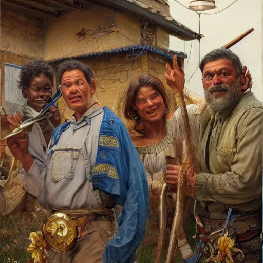 Image similar to an portrait of happy citizens living in an poor village, highly detailed, centered, digital painting, artstation, concept art, donato giancola, Joseph Christian Leyendecker, WLOP, Boris Vallejo, Breathtaking