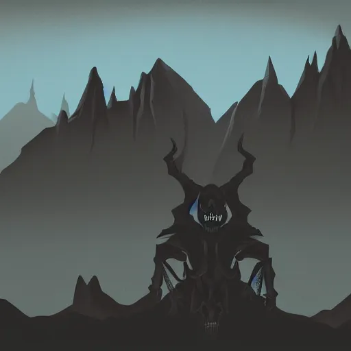 Image similar to place that is like nowhere but has mountains in the background with a doom infernal aesthetic, but also clean, with black tones, similar to a dream, with a lord of demons judging some lost souls with his skeleton pointing finger