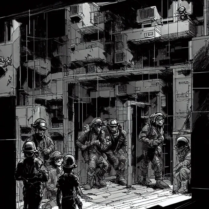 Image similar to miners wait to enter a tiny cubic building with one door. storyboard panel, scifi cyberpunk. by gabriel hardman, joe alves, chris bonura. cinematic atmosphere, detailed and intricate, perfect anatomy