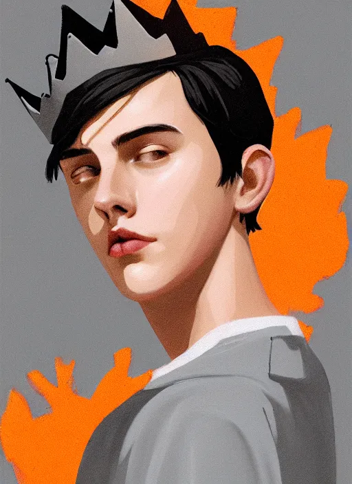 Image similar to portrait of teenage jughead jones wearing a light grey crown, crown, hamburger background, eyes closed, crown, black hair, orange, intricate, elegant, glowing lights, warm lighting, highly detailed, digital painting, artstation, concept art, smooth, sharp focus, illustration, art by wlop, mars ravelo and greg rutkowski