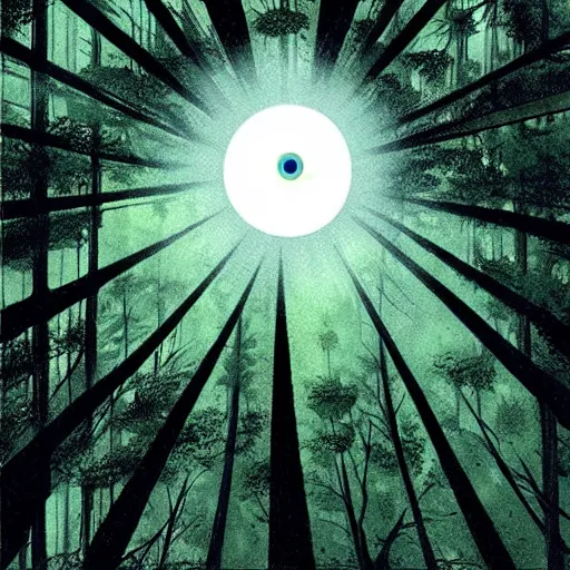 Prompt: a gigantic eye hovers over a forest, it looks down on you. wide angle, ratio 16:9. pov shot, you are standing right below the eye and look up. dramatic lighting, concept art, award winning. illustration by Brian bolland