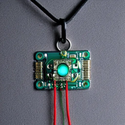 Image similar to a photo of a necklace with a speed controller and circuit boards hanging from it, jewelry, 4k