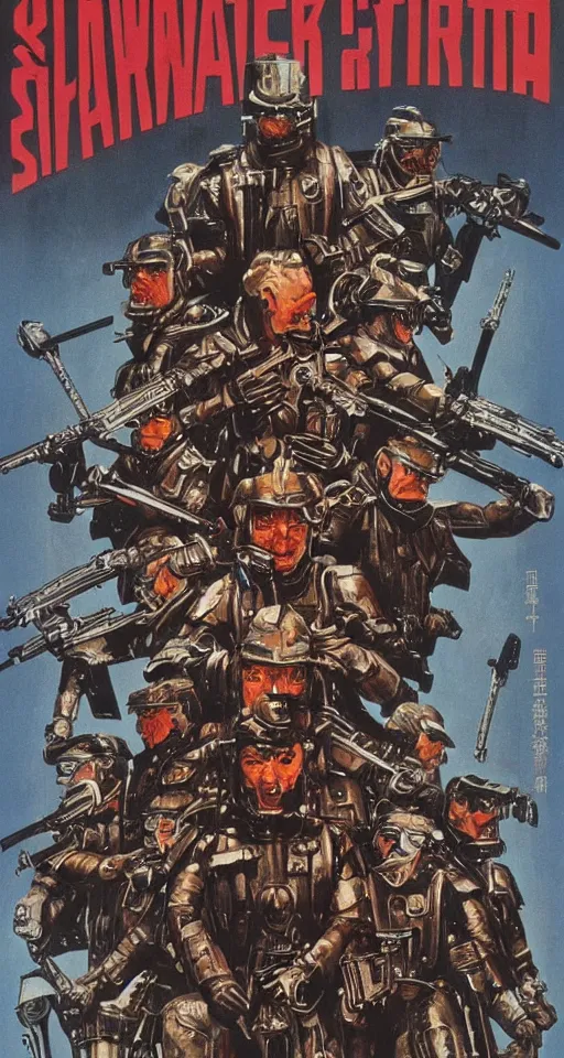 Image similar to Movie Poster For Schwartzlicht,about Chinese Russian Zombie Troopers Designed By Yasushi Nirasawa battle Japanese America Cyborgs Designed by Syd Mead and Giger, 1970s style, very detailed, text says: Schwarzlicht