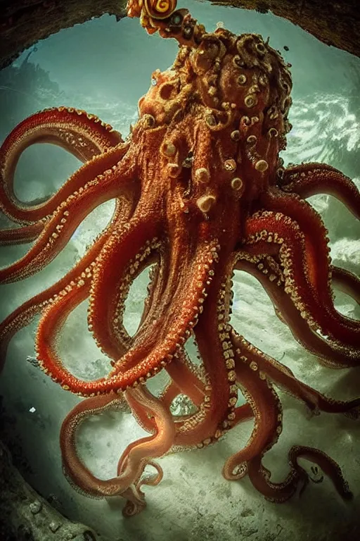 Image similar to a spectacular wideangle shot of a giant scary octopus dressed a a rococo queen, award winning National Geographic Nature photography