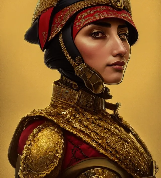 Image similar to portrait of a turkish woman wearing a traditional nineteenth century ottoman empire military uniform, metal shoulder pauldrons, intricate, highly detailed, digital painting, artstation, concept art, sharp focus, cinematic lighting, illustration, art by artgerm and greg rutkowski, alphonse mucha, cgsociety