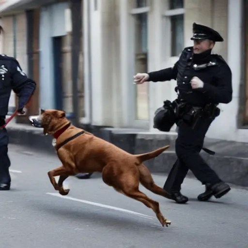 Image similar to a dog wearing a policeman uniform, chasing a robber down a street, polarid