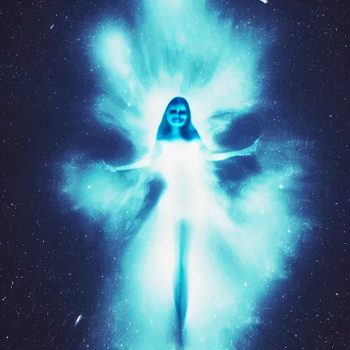 Image similar to a giant beautiful glowing blue woman floating in the night sky