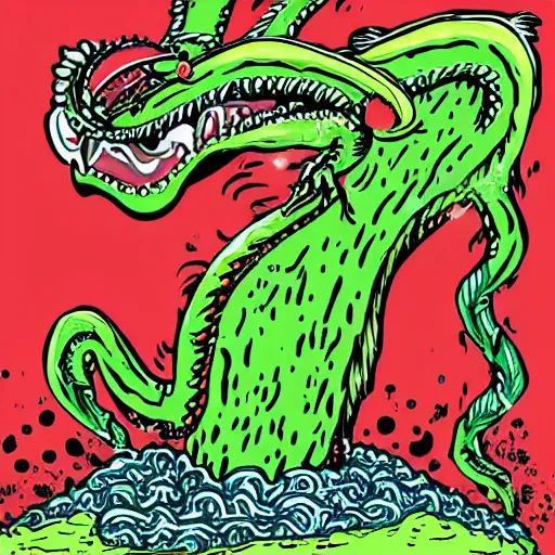 Prompt: pop - wonder - nft alien - meat half - tone - art of a humanoid dragon - man wading through the goopy - muck and slithering about the castle side delights on a melted cheesy day in a hand - drawn vector, svg, cult - classic - comic - style