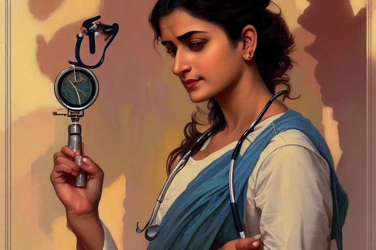 Image similar to sensual pale beautiful indian doctor in jeans with stethoscope, art deco portrait, elegant, intricate, digital painting, artstation, concept art, smooth, sharp focus, illustration, art by artgerm and greg rutkowski and alphonse mucha