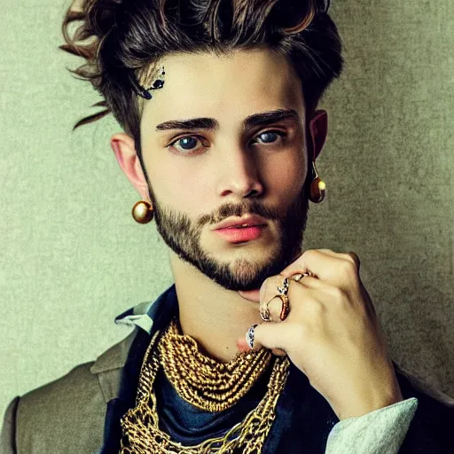 Prompt: a photographic character model design of a very handsome young confident man wearing excessive jewelry in an ornate and elegant way, flirtatious