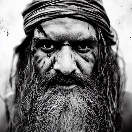 Image similar to polaroid film portrait of aghori sadhu covered in ash, hyperrealism, hypermaxiymalism, photorealistic, detailed, atmospheric, 8 k, award winning photography, cinematic