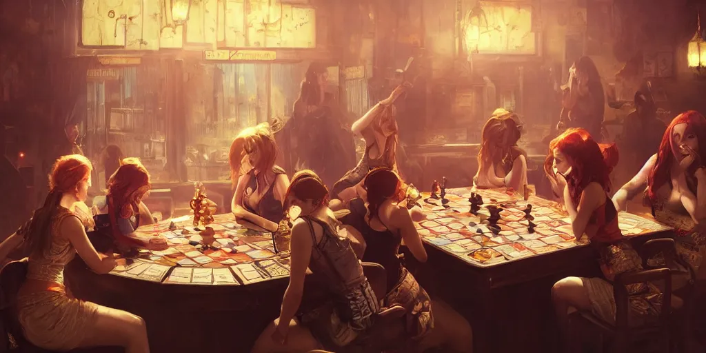 Image similar to Women playing board games at the bar, Greg Rutkowski, Frank Miller, trending on Artstation, 8K, ultra wide angle, establishing shot, pincushion lens effect, zenith view