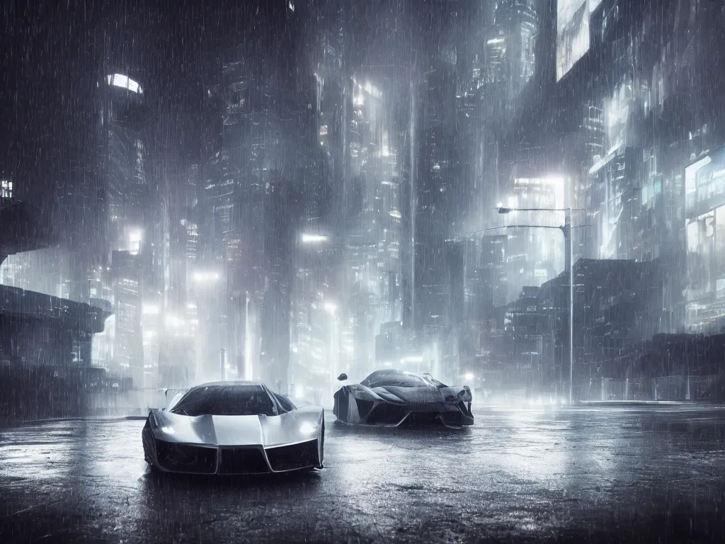 Image similar to telephoto portrait of a Futuristic supercar on wet city streets, mist, dramatic lighting, high contrast, volumetric lighting, octane, cyberpunk