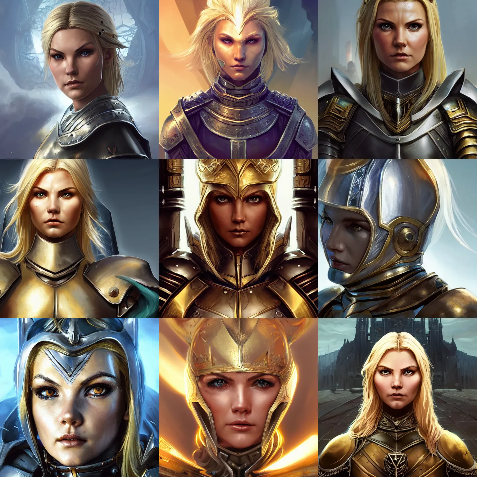 Prompt: head-on centered symmetrical RPG avatar portrait, Elisha Cuthbert as a holy paladin, blonde hair, ornate steel armour, dramatic lighting, establishing shot, book cover, high detail, cinematic lighting, 8k, concept art, artstation, matte painting, in the style of eddie mendoza, raphael lacoste, alex ross