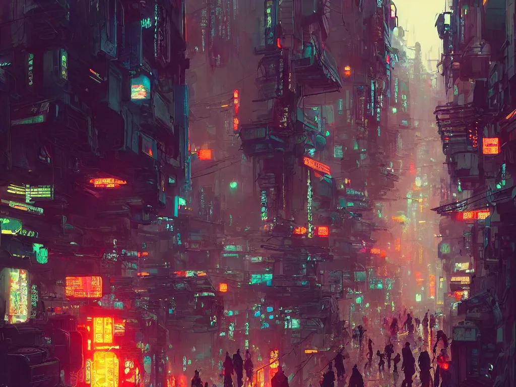 Prompt: concept art of a cramped cyberpunk street filled with people during obon festival, grimy, gritty, blade runner 2 0 4 9, trending on artstation, award winning painting, cgi, art by john berkey and anton fadeev and john howe and simon stalenhag and greg rutkowski