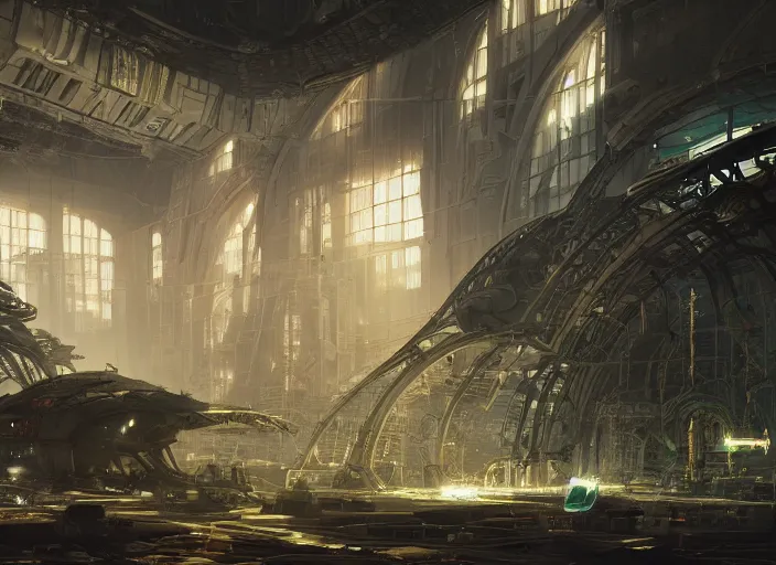 Prompt: an alter in futuristic solarpunk space ship factory in crumbling ruins, intricate detail, volumetric lighting, epic composition, hyper detailed, ultra realistic, sharp focus, octane render, volumetric, ray tracing, artstation trending, cgsociety, sense of awe, 4 k