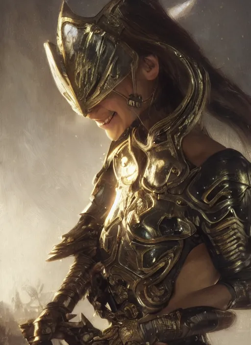 Prompt: smiling young blonde woman wearing a simple black armour, by gaston bussiere, bayard wu, greg rutkowski, giger, maxim verehin, greg rutkowski, masterpiece, sharp focus, cinematic lightning