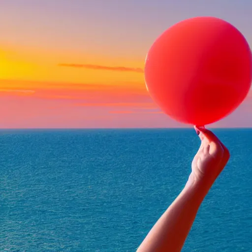 Image similar to a human hand with five fingers holding a yellow balloon sticking out of the ocean with a red sky in the background by chris bilheimer