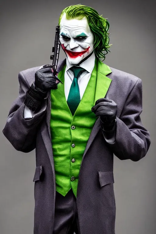 Prompt: Joker with simle and green hair wearing vader's armor suit, realistic cosplay, full character, highly detailed, highly realistic