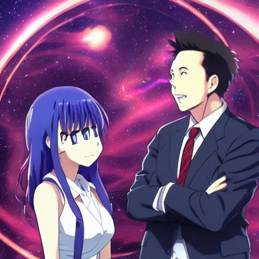 Image similar to anime key visual of Elon musk smugly looking at anime waifus, pixiv