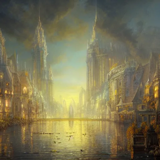 Image similar to beautiful fantasy city by Alan Lee, golden hour, concept art, matte painting, highly detailed, art station, oil painting, 8k