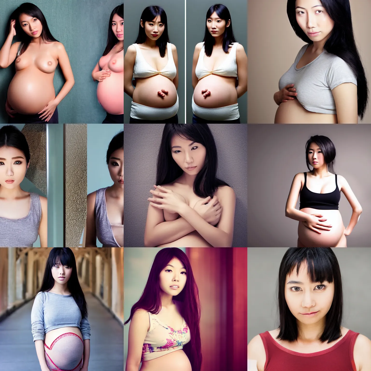 Prompt: beautiful asian girl with biggest pregnancy ever, symmetrical face, volumetric lighting, realistic, focus on belly