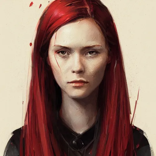 Image similar to Portrait of a woman by Greg Rutkowski, she is about 20 years old, redhead, long straight hair, beautiful oval face, wearing red and black utilitarian jumpsuit, older sister vibes, highly detailed portrait, digital painting, artstation, concept art, smooth, sharp foccus ilustration, Artstation HQ.