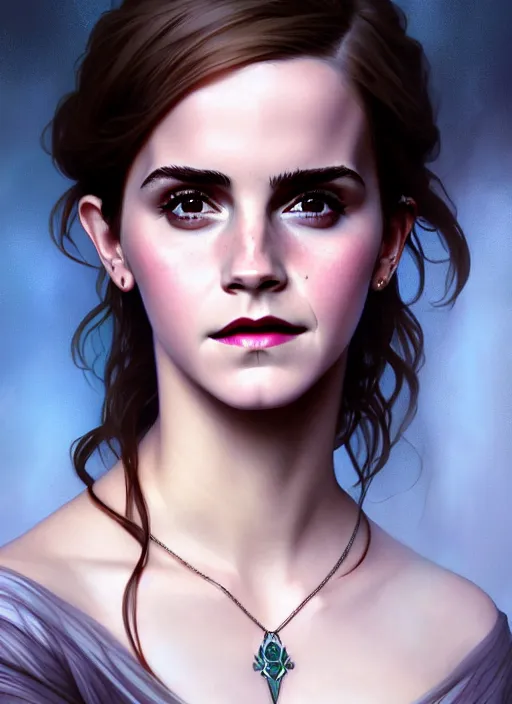 Image similar to portrait of emma watson as a vampire queen, jewelry, greek, saphire, intricate, headshot, highly detailed, digital painting, artstation, concept art, sharp focus, cinematic lighting, illustration, art by artgerm and greg rutkowski, alphonse mucha, cgsociety