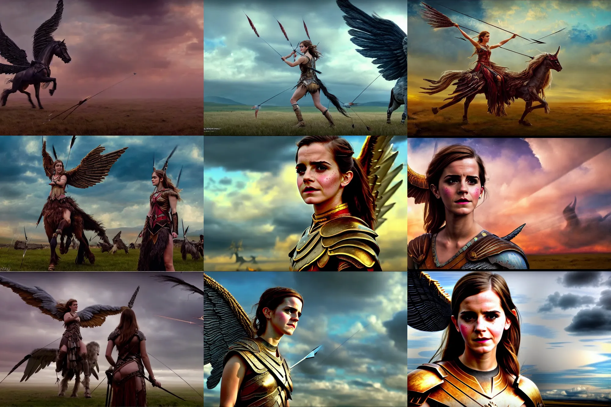 Prompt: wide - shot | dslr | emma watson | as a valkyrie warrior | giant winged horse | scarred | arrows filling the sky | by victor nizovtsev, john blanche and werner herzog | fantasy | highly detailed | north mythology | realism | film | cinematic 4 k |