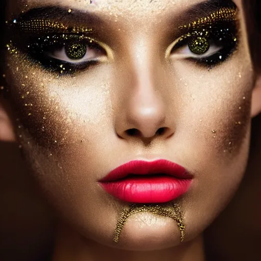 Prompt: close up of face of a fashion model with plated gold on face in luxury dress, black background, official valentino editorial, highly detailed