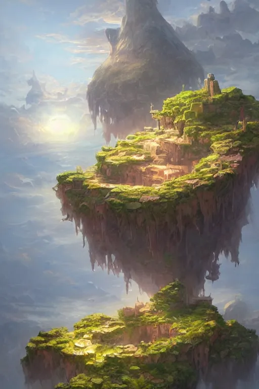 Image similar to a painting of a floating island in the sky, a detailed matte painting by Tyler Edlin, Artstation, fantasy art, 2d game art, matte drawing, concept art