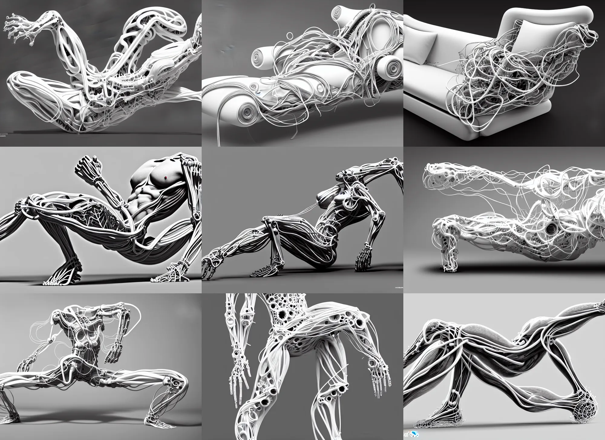 Prompt: frontal view, white sofa in form of biomechanical, wires, tubes, veins, white mechanical details, inflateble shapes, masterpiece, intricate, highly detailed, vogue, artstation, concept art