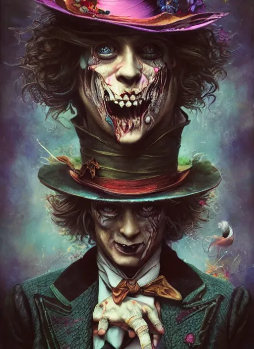 Image similar to mad hatter the magician tarot card, highly detailed, cinematic, 8 k, by stanley artgermm, tom bagshaw, greg rutkowski, carne griffiths, ayami kojima, beksinski, giger, trending on deviantart, hyper detailed, horror, full of colour