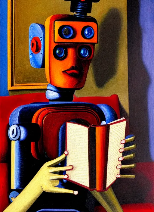 Image similar to portrait of a robot reading a book, highly detailed, painting by otto dix, 8 k